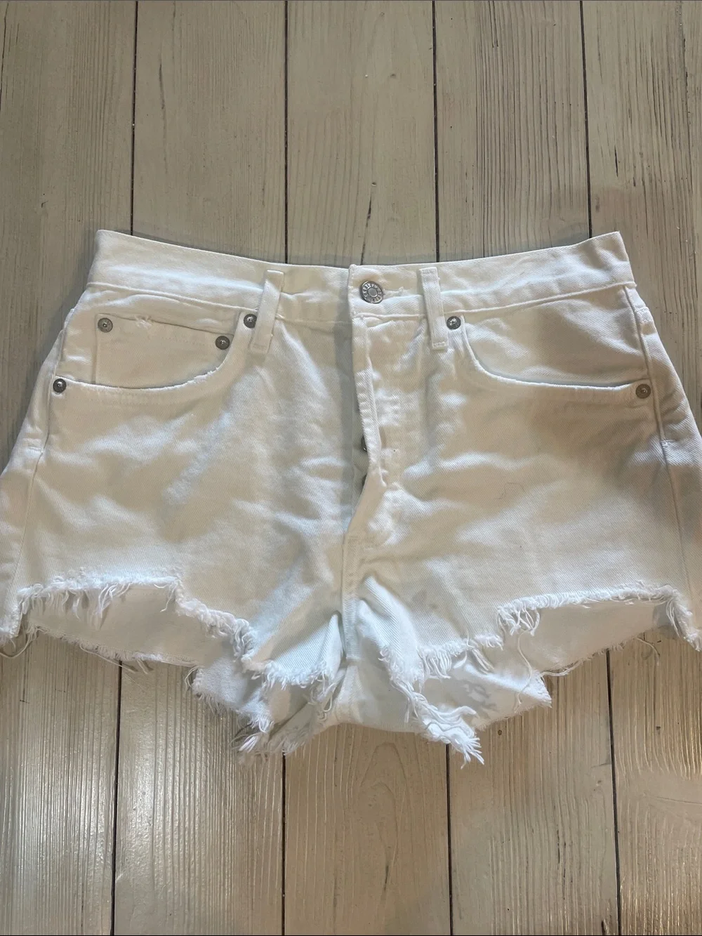 AGOLDE White Distressed Cutoff Denim Shorts